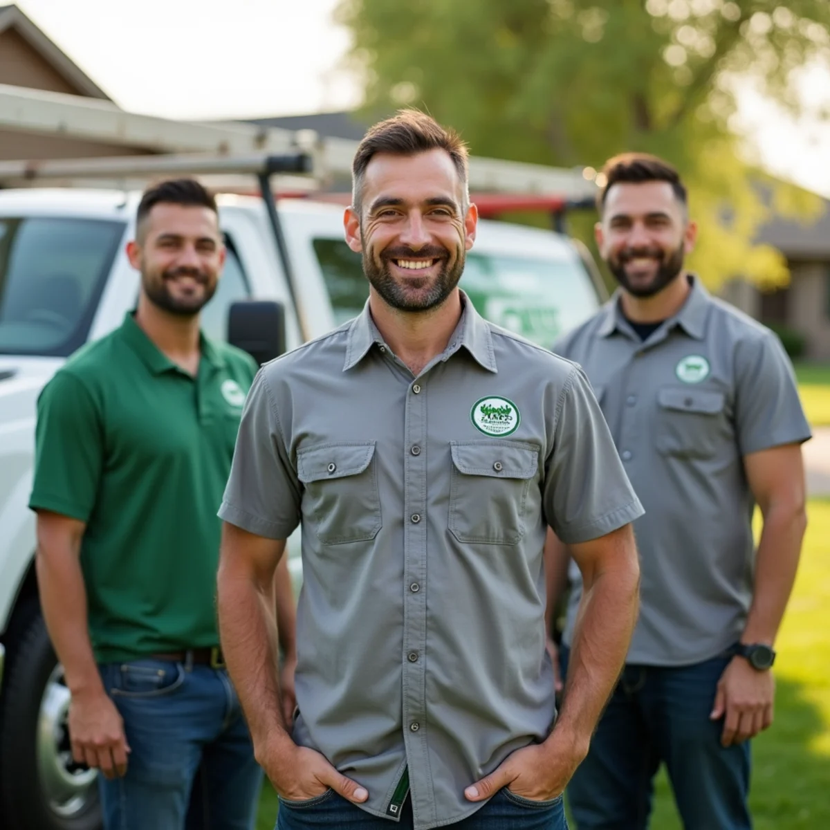 Grass Monkey Lawn Care owner Keynan and technicians standing with service truck in Wichita KS