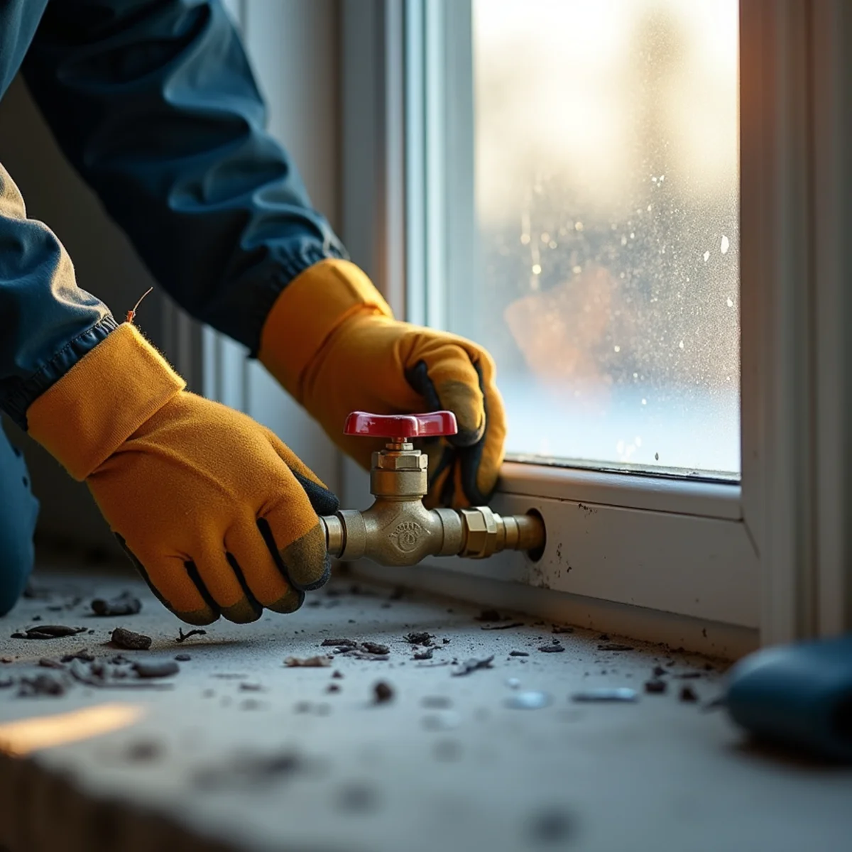 Technician shutting off leaking backflow valve after hard winter freeze in Wichita KS