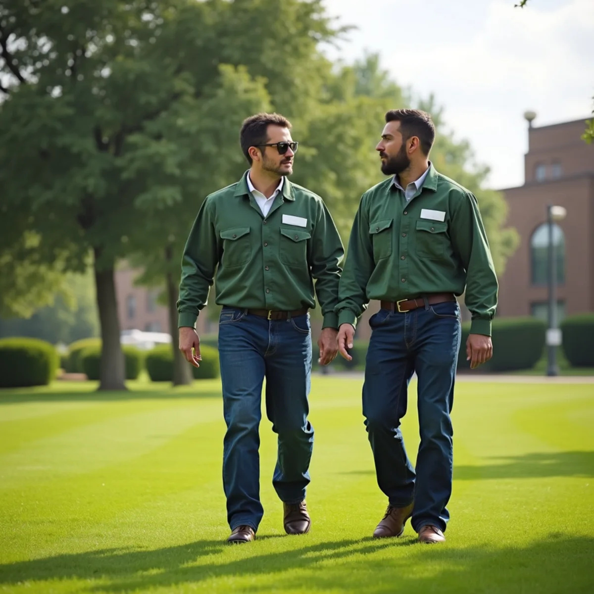 Commercial grounds care crew mowing corporate office building lawn in Wichita KS