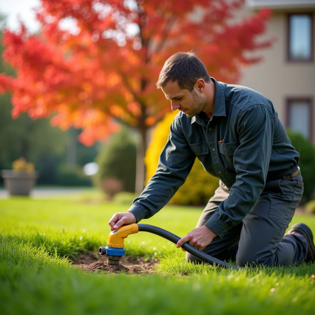 Technician connecting commercial air compressor to irrigation system for fall winterization in Wichita