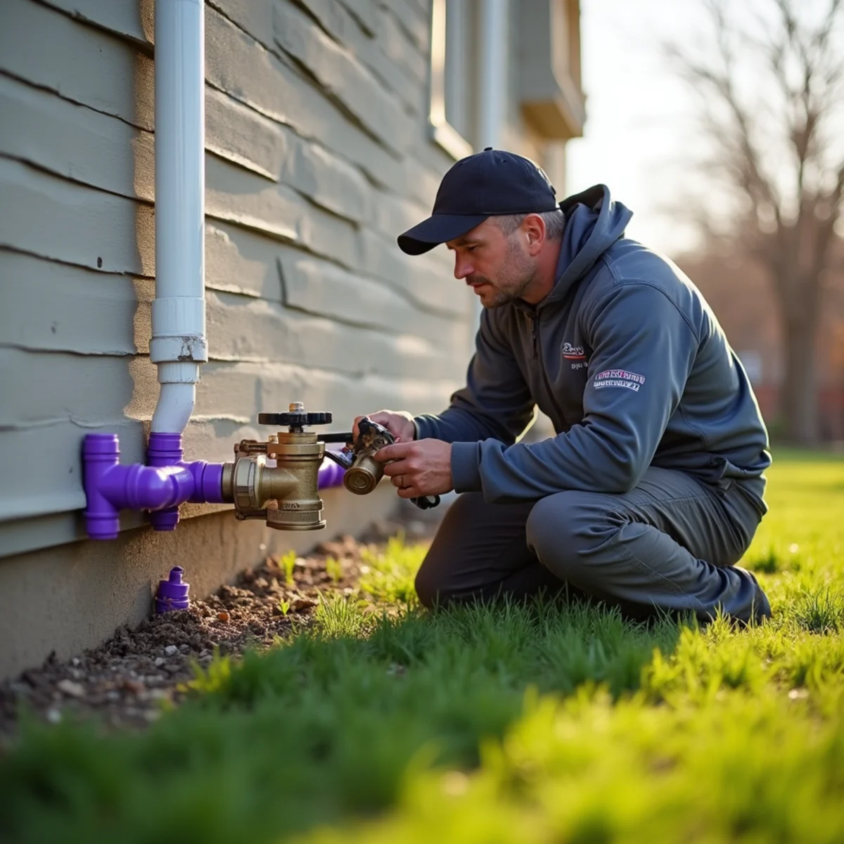 Irrigation technician repairing cracked brass backflow preventer and PVC pipe in Wichita