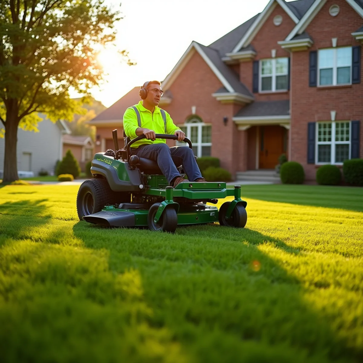Grass Monkey Lawn Care commercial zero-turn mower cutting pristine stripes on a green suburban lawn in Wichita KS