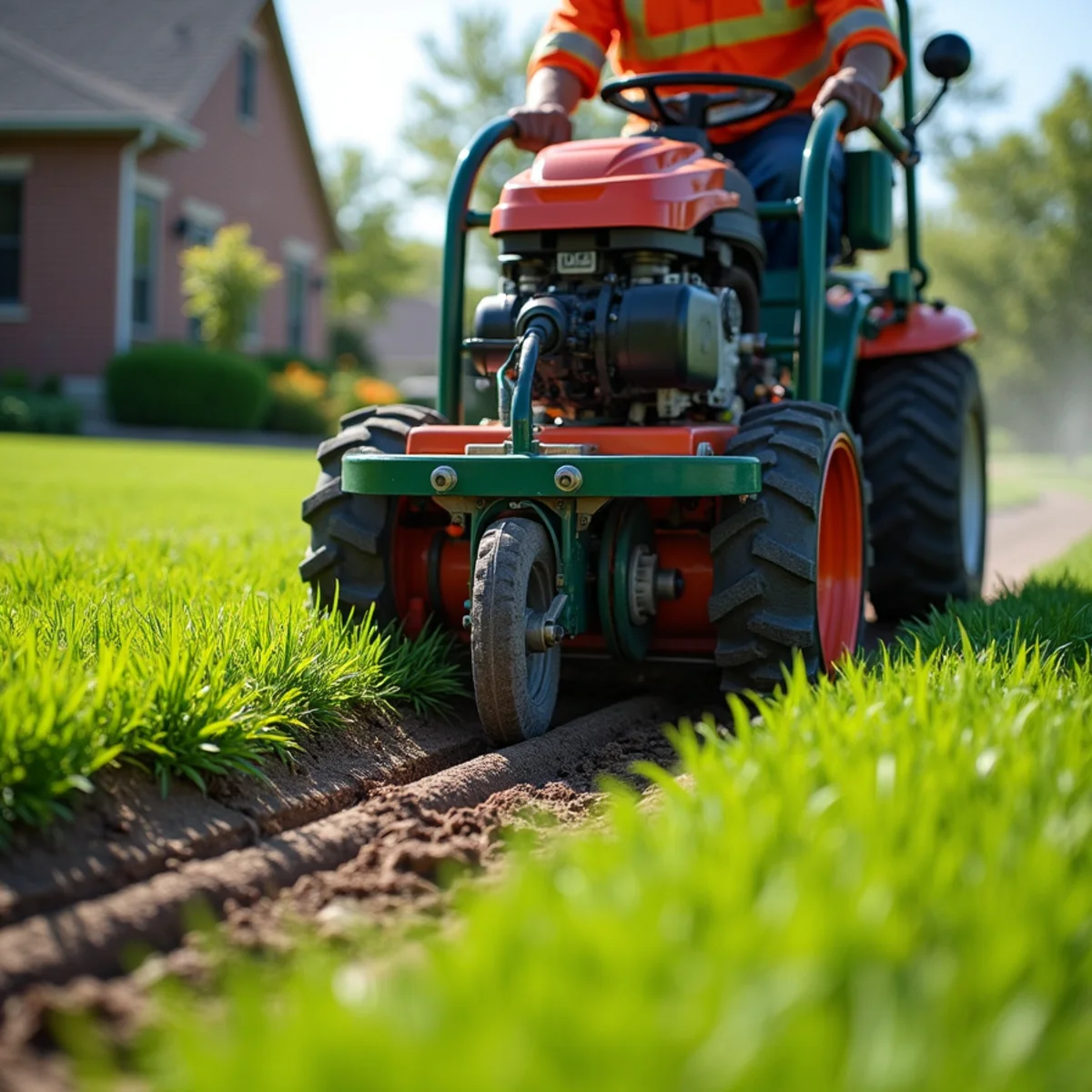 Technicians installing underground commercial irrigation system with poly pipe in Wichita yard
