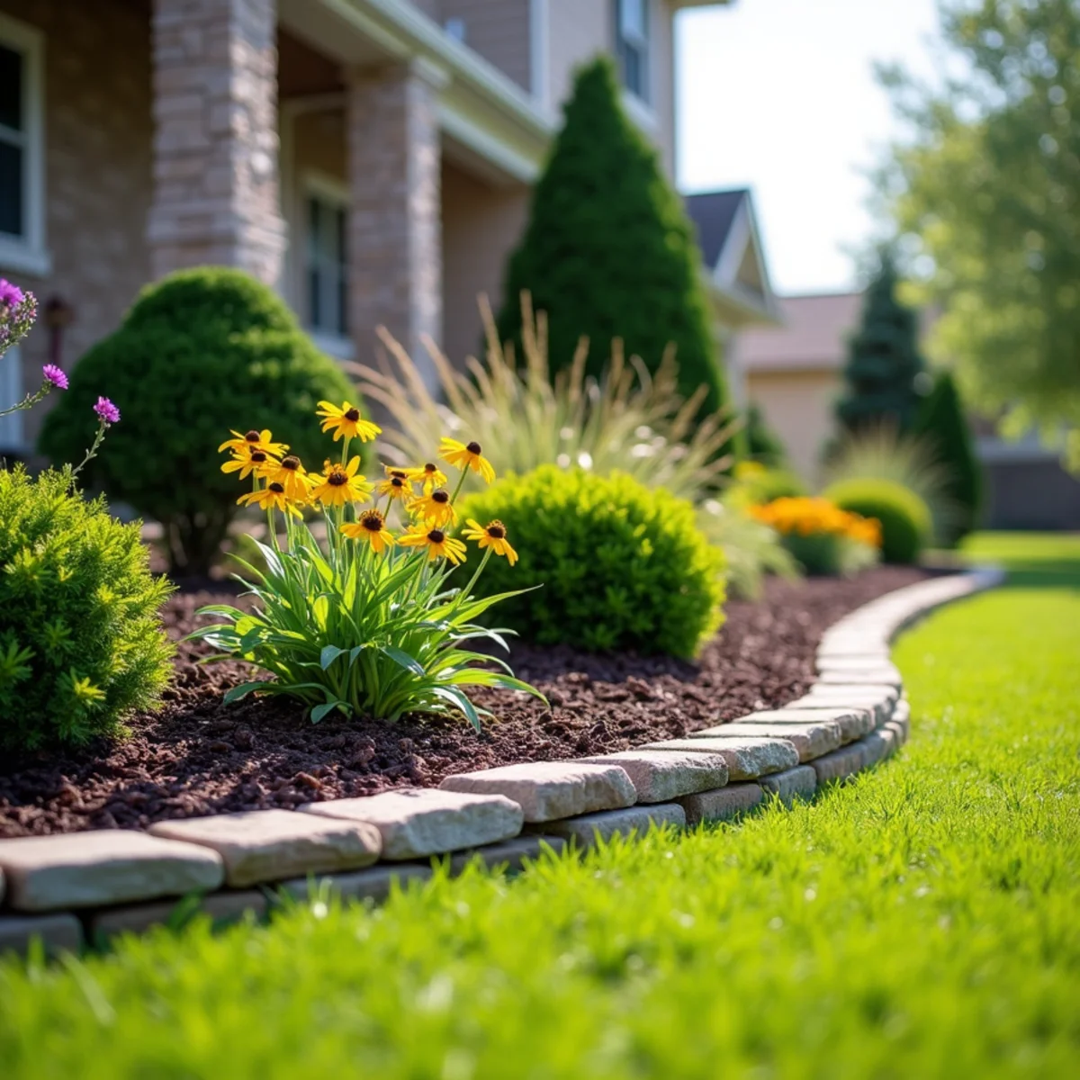 Landscaped front yard flowerbed with dark brown mulch, stone border, and perennial shrubs in Wichita