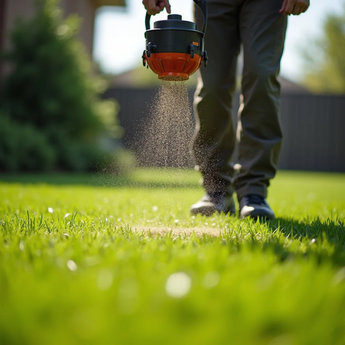 Spreading preventative grub control and slow-release fertilizer on green Wichita lawn in late spring