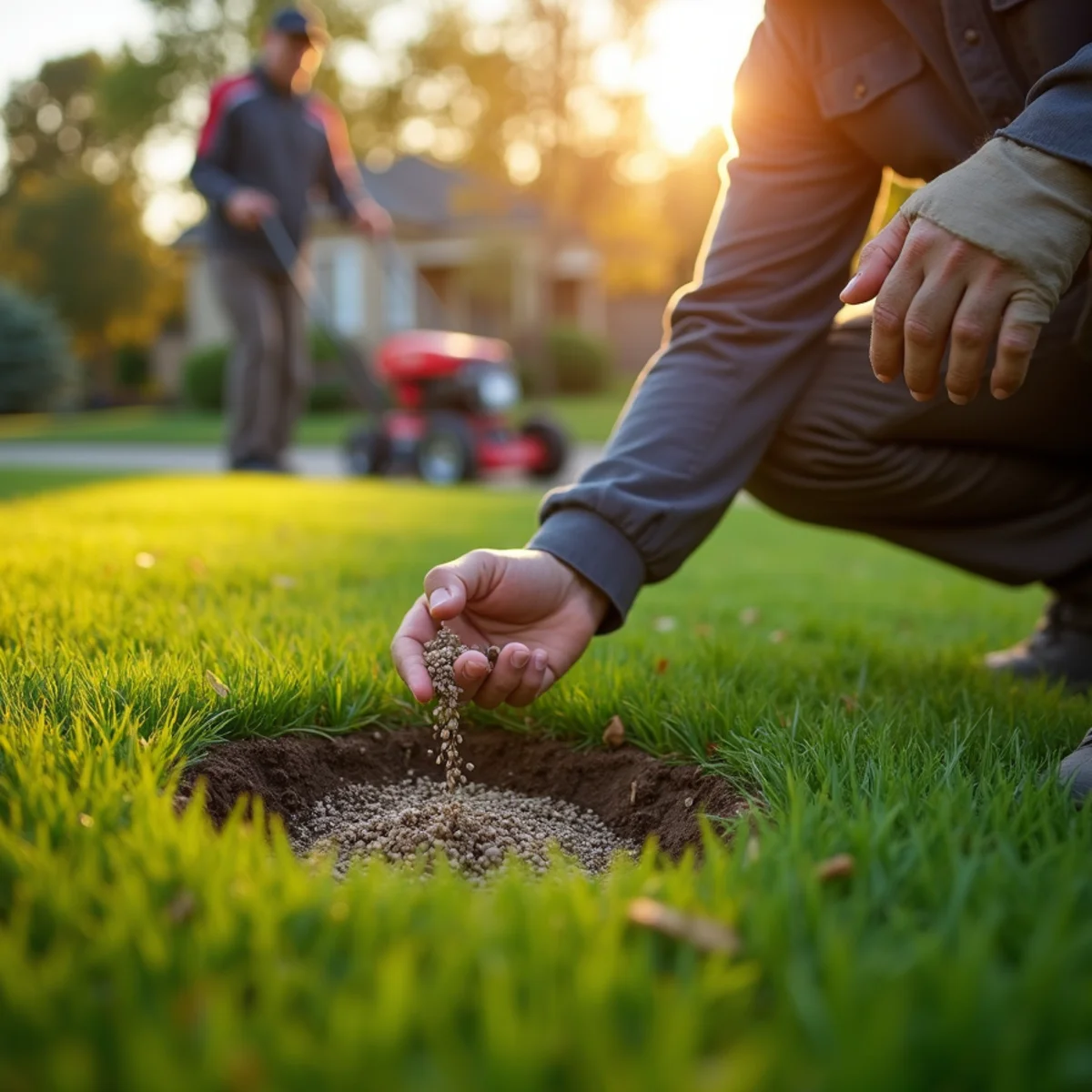 Mechanical core aerator pulling soil plugs on residential lawn in September in Sedgwick County