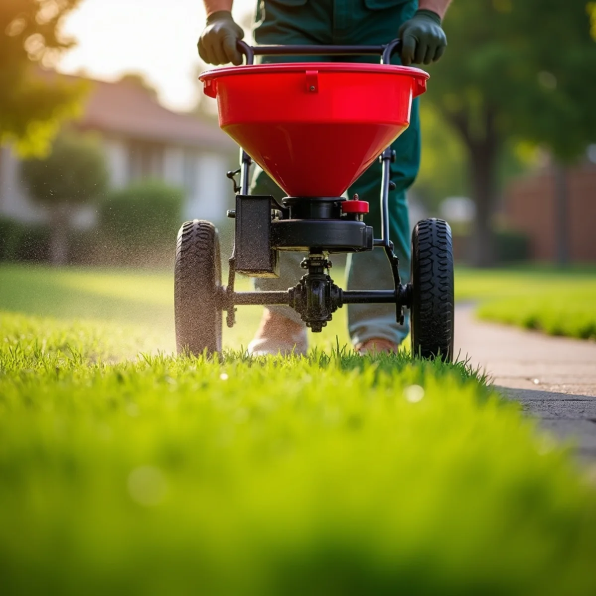 Technician applying slow-release granular fertilizer to green Wichita lawn