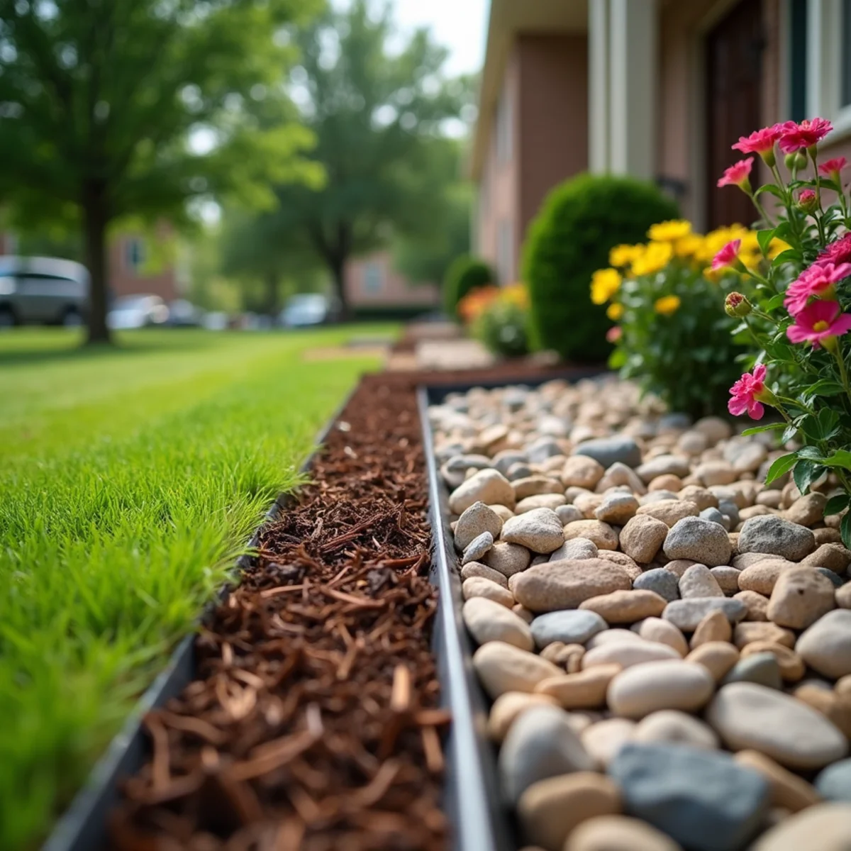 Side-by-side comparison of dark hardwood mulch and decorative river rock in Wichita flowerbed