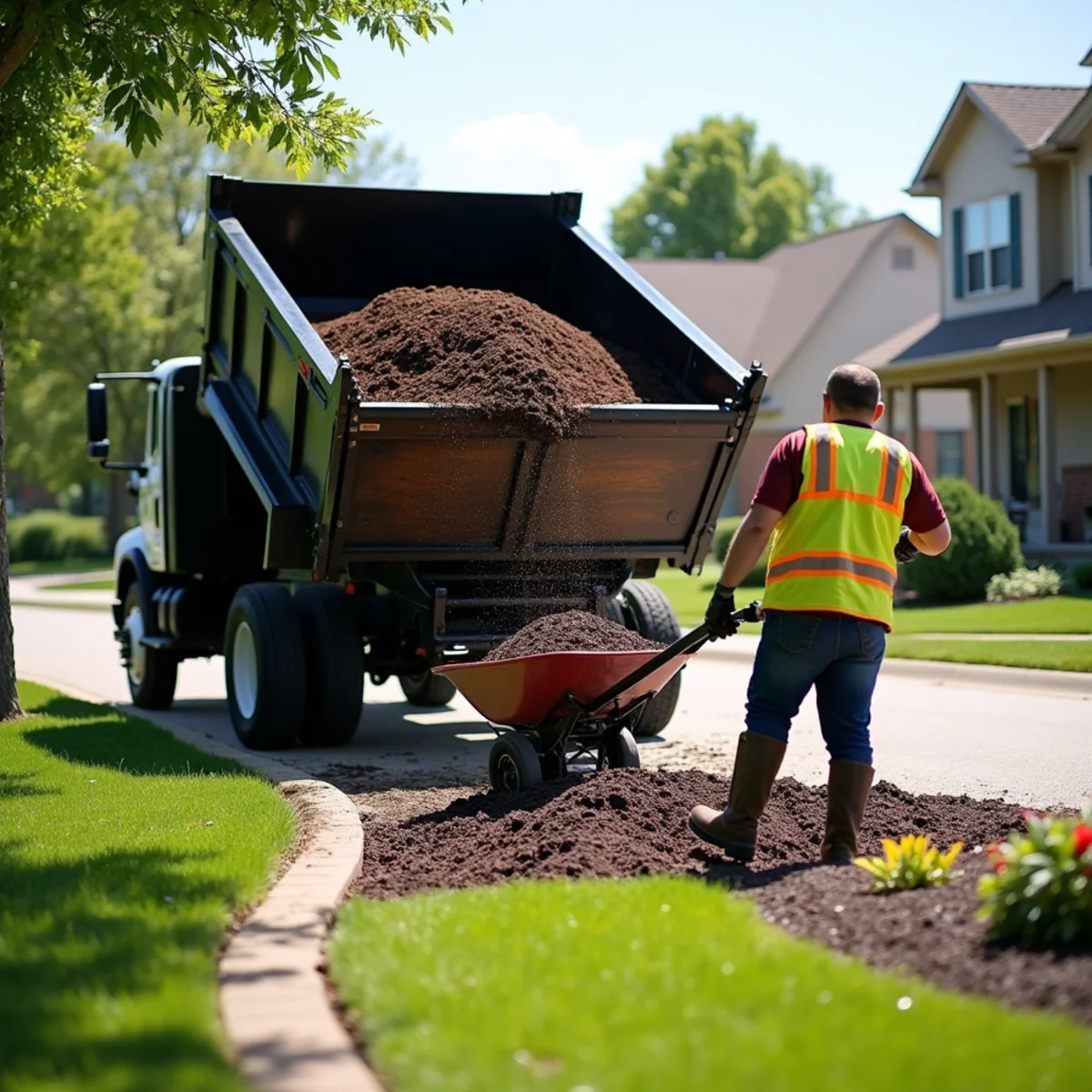 Truck delivering and spreading dark hardwood mulch across residential flowerbeds in Wichita