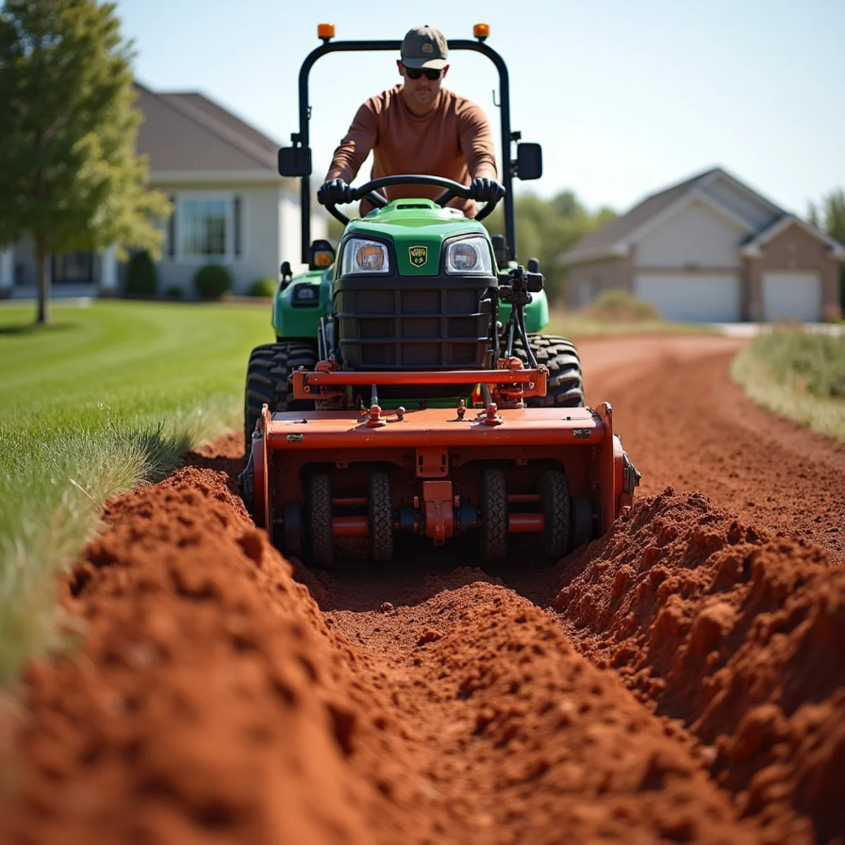 Rototiller breaking up compacted red clay fill dirt on new home construction lot in Maize KS