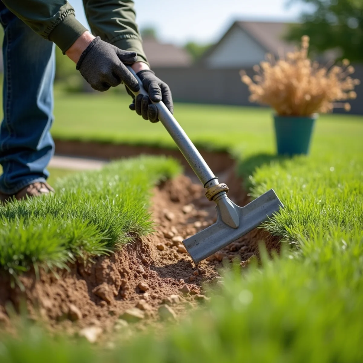 Landscaper finish grading and leveling soil slope away from foundation before sod installation