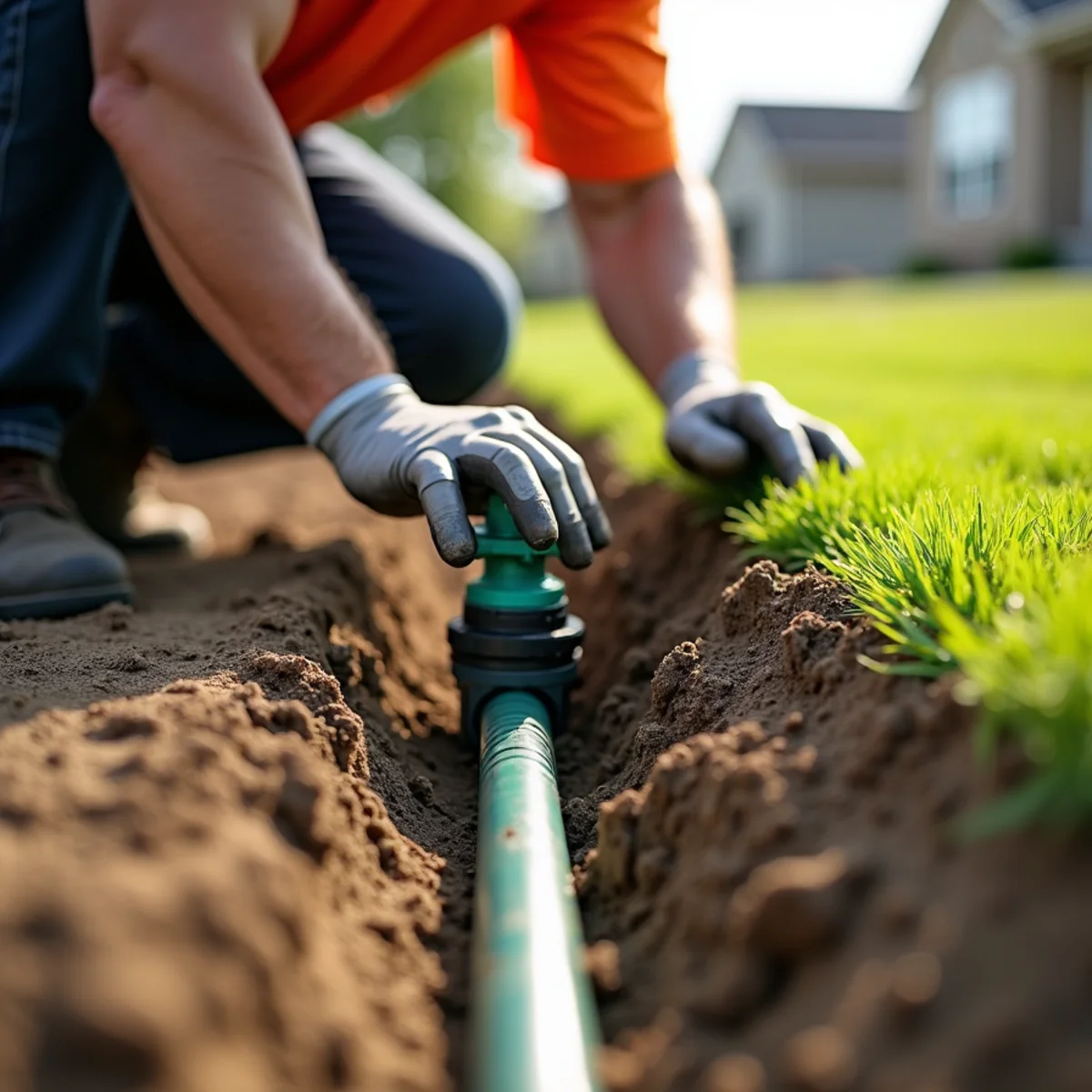 Irrigation technicians trenching and installing automatic underground sprinkler rotors in new yard