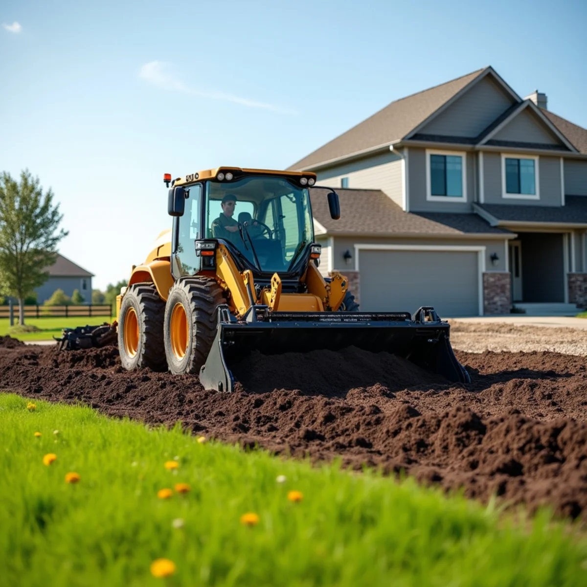 New construction home in Maize KS with contractor prepping compacted clay subsoil for lawn