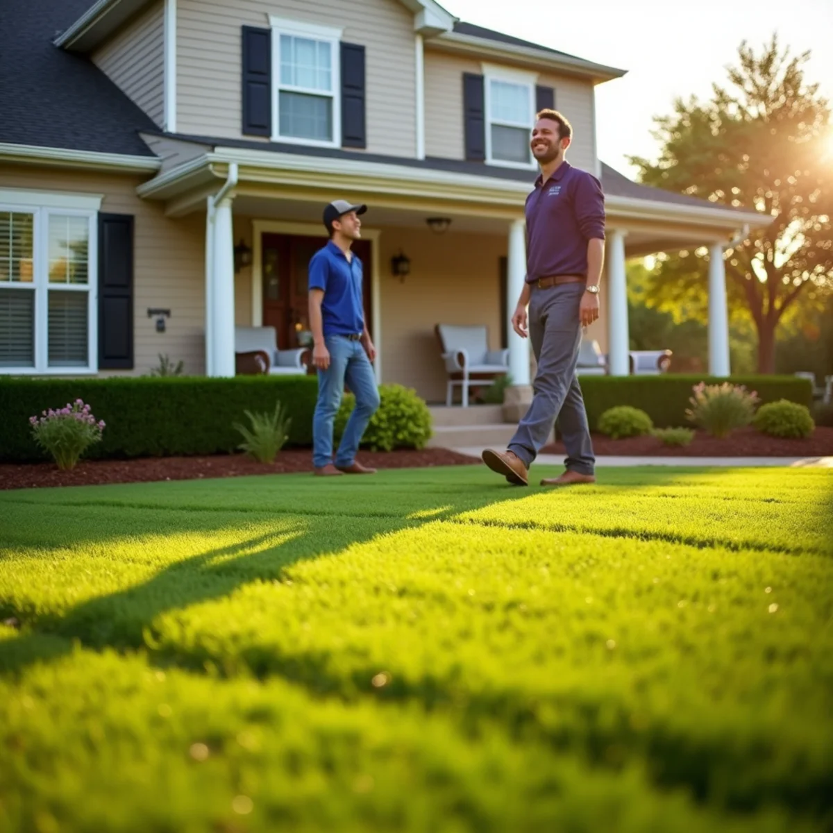 Satisfied Wichita homeowner standing on a freshly striped green lawn maintained by Grass Monkey