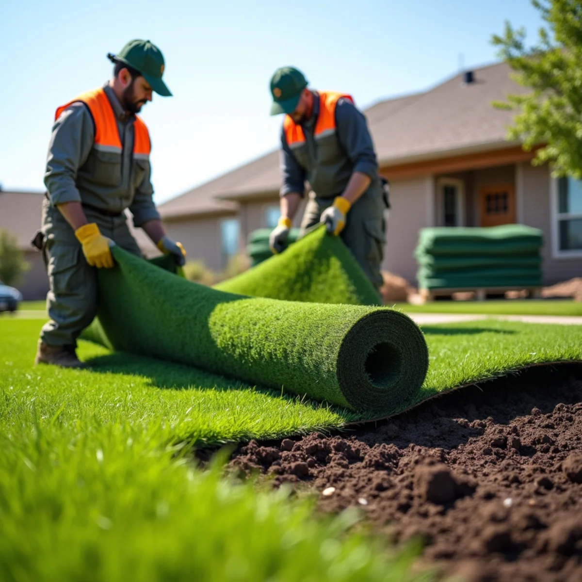 Landscaper unrolling fresh green fescue sod rolls on graded yard in Wichita