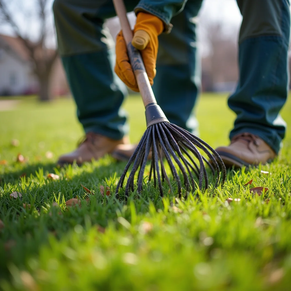 Raking winter dead thatch and clearing windstorm twigs from Wichita front lawn in early spring