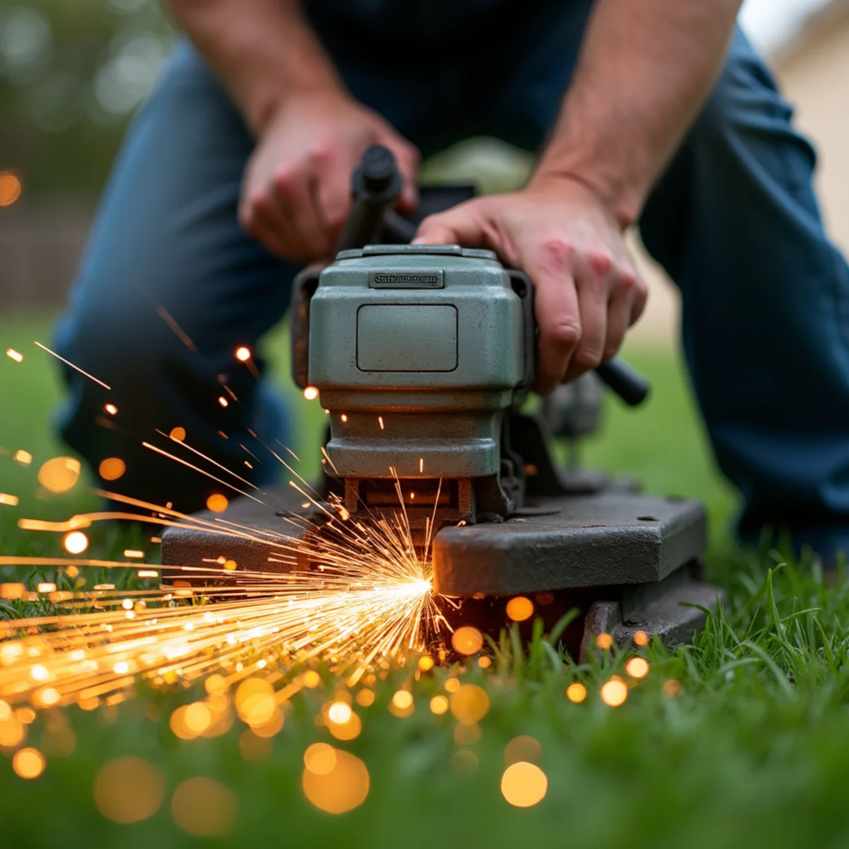 Mechanic sharpening commercial lawn mower blades with precision grinder for clean spring cuts