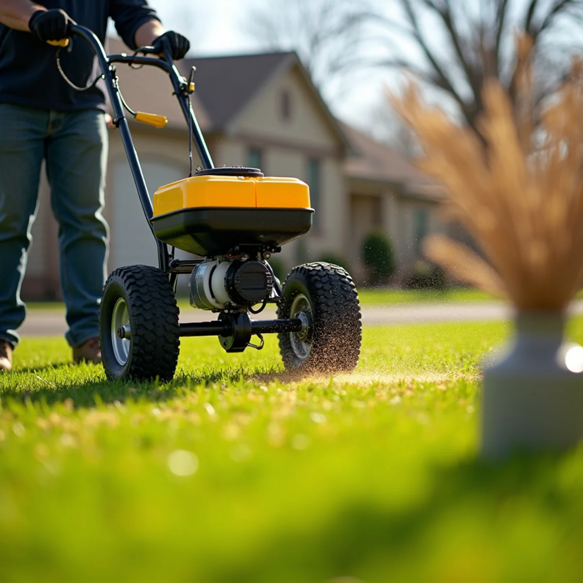 Soil thermometer measuring 55 degrees as technician spreads crabgrass barrier in Wichita