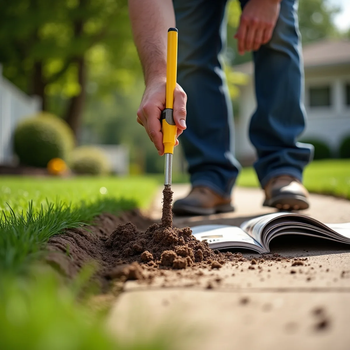 Technician probing hard compacted soil in high-traffic lawn area before spring aeration