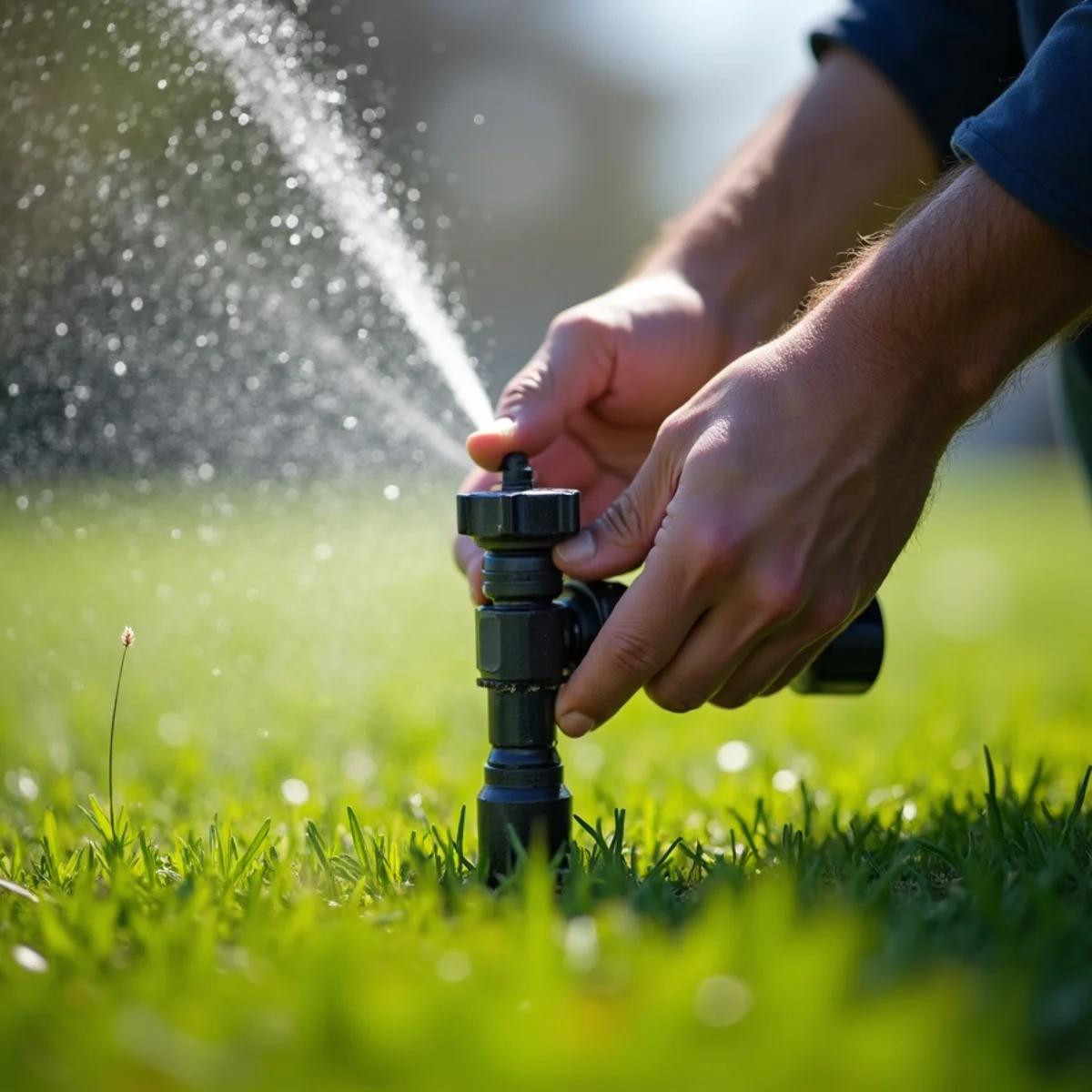 Testing pop-up sprinkler head rotation and nozzle alignment during spring irrigation startup
