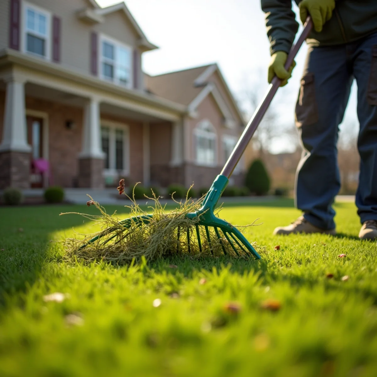 Homeowner raking winter debris and prepping green lawn for spring in Wichita KS