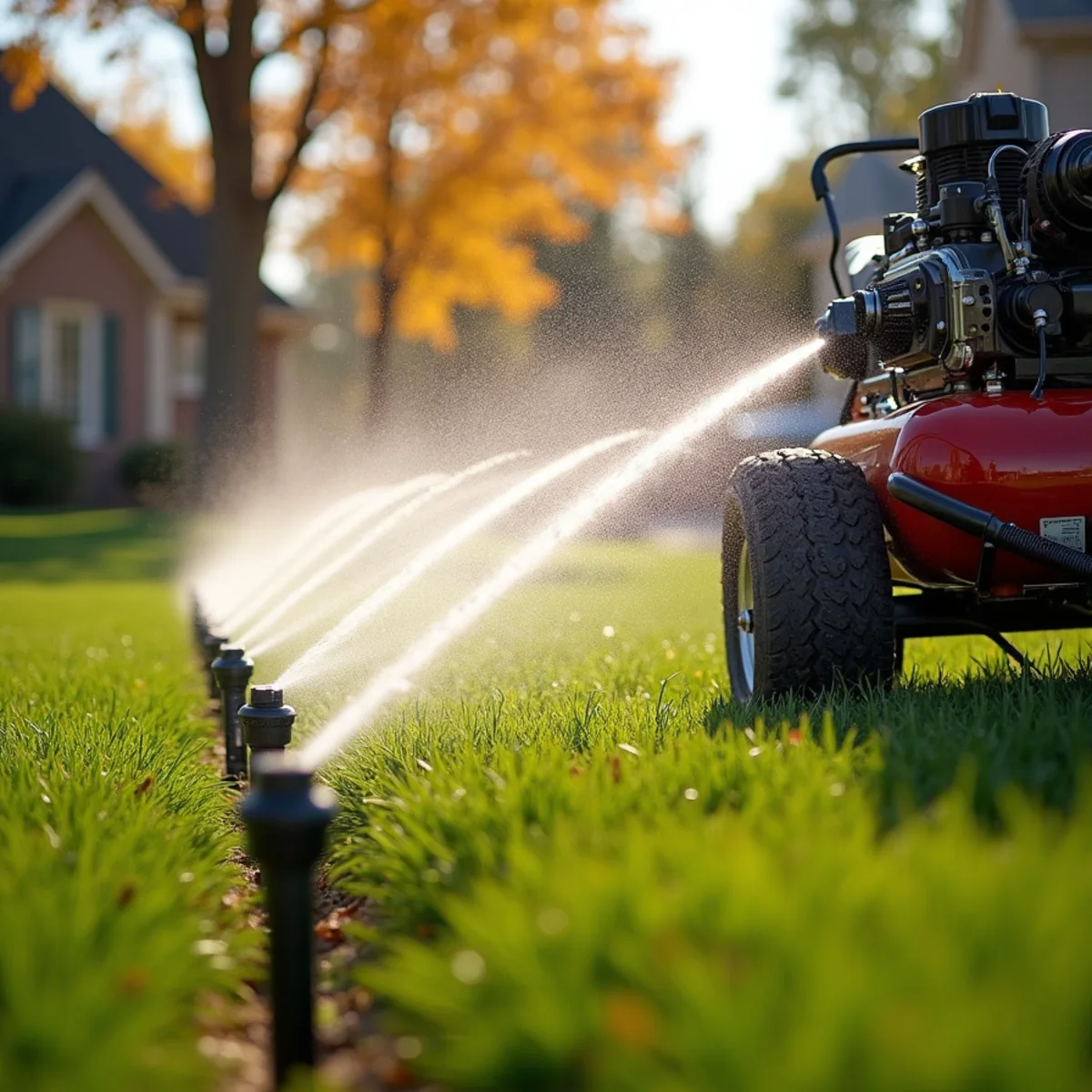 Irrigation specialist winterizing residential sprinkler system using high-volume air compressor in Wichita