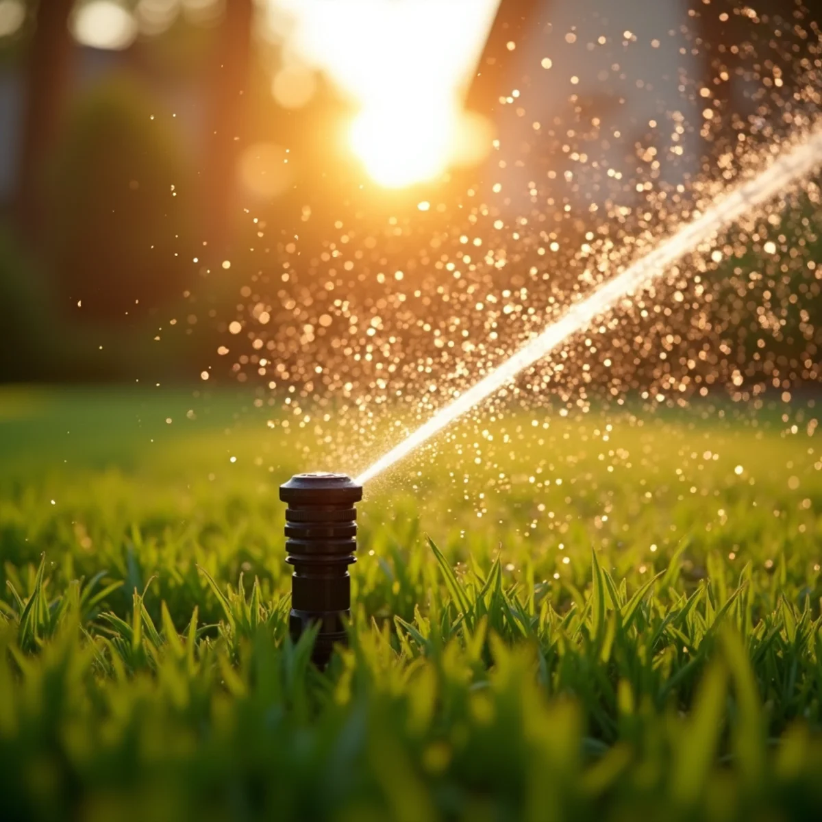 Homeowner inspecting rotary sprinkler head watering green fescue lawn during dry Kansas summer