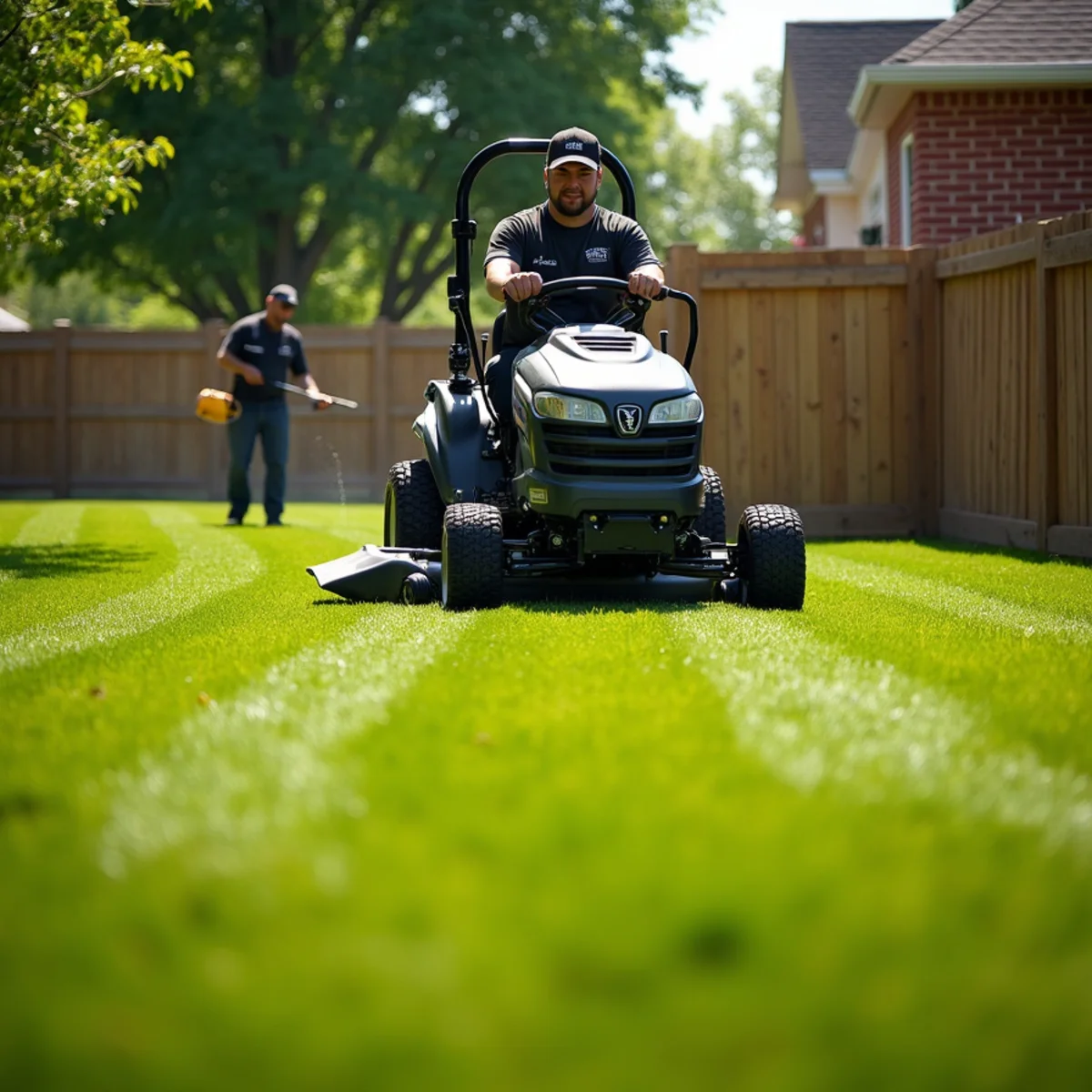 Commercial zero-turn mower trimming residential lawn in Wichita KS