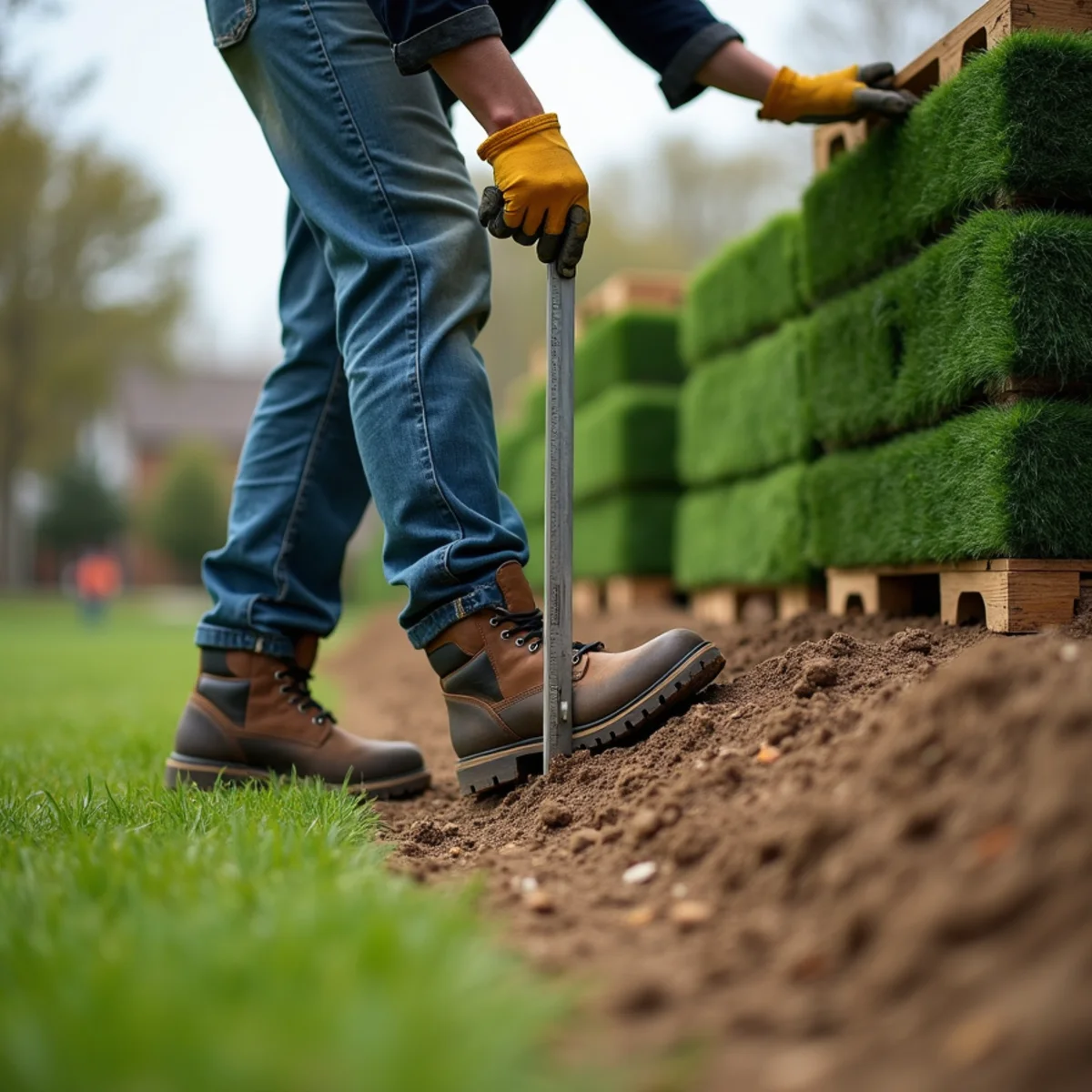 Landscaper installing fresh green fescue sod with cost guide breakdown in Wichita KS