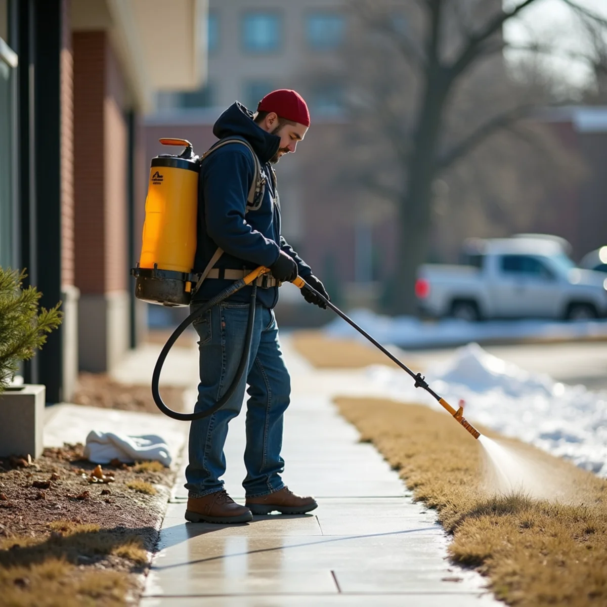 Lawn care technician applying salt-free brine pre-treatment to concrete sidewalk in Wichita KS