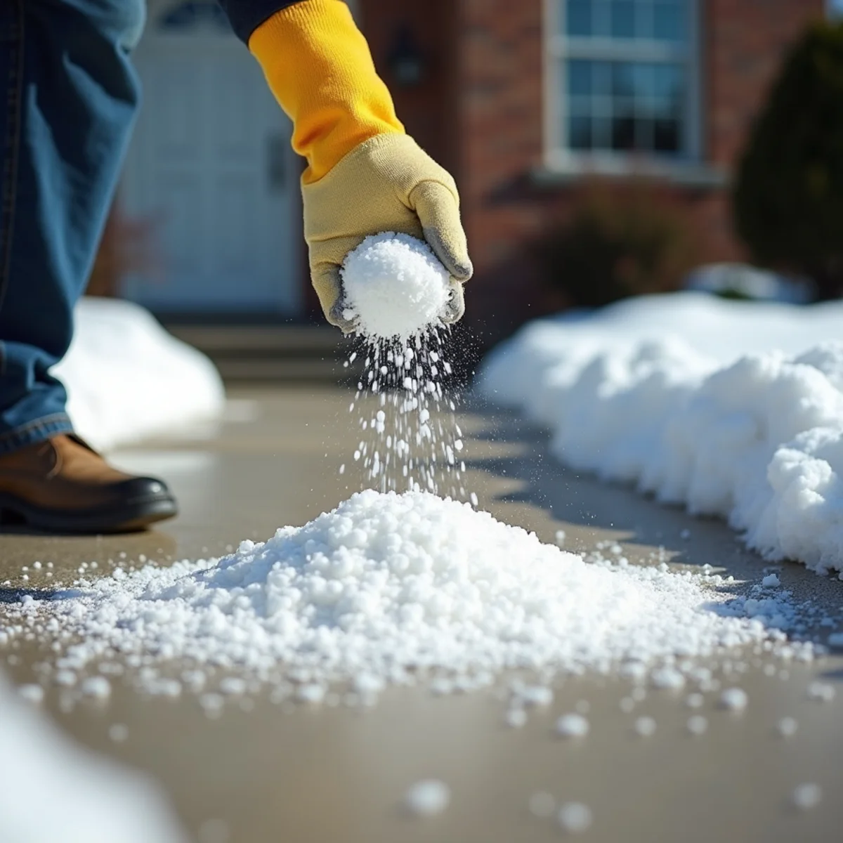 Spreading pet-safe calcium magnesium acetate de-icer on residential driveway in Wichita