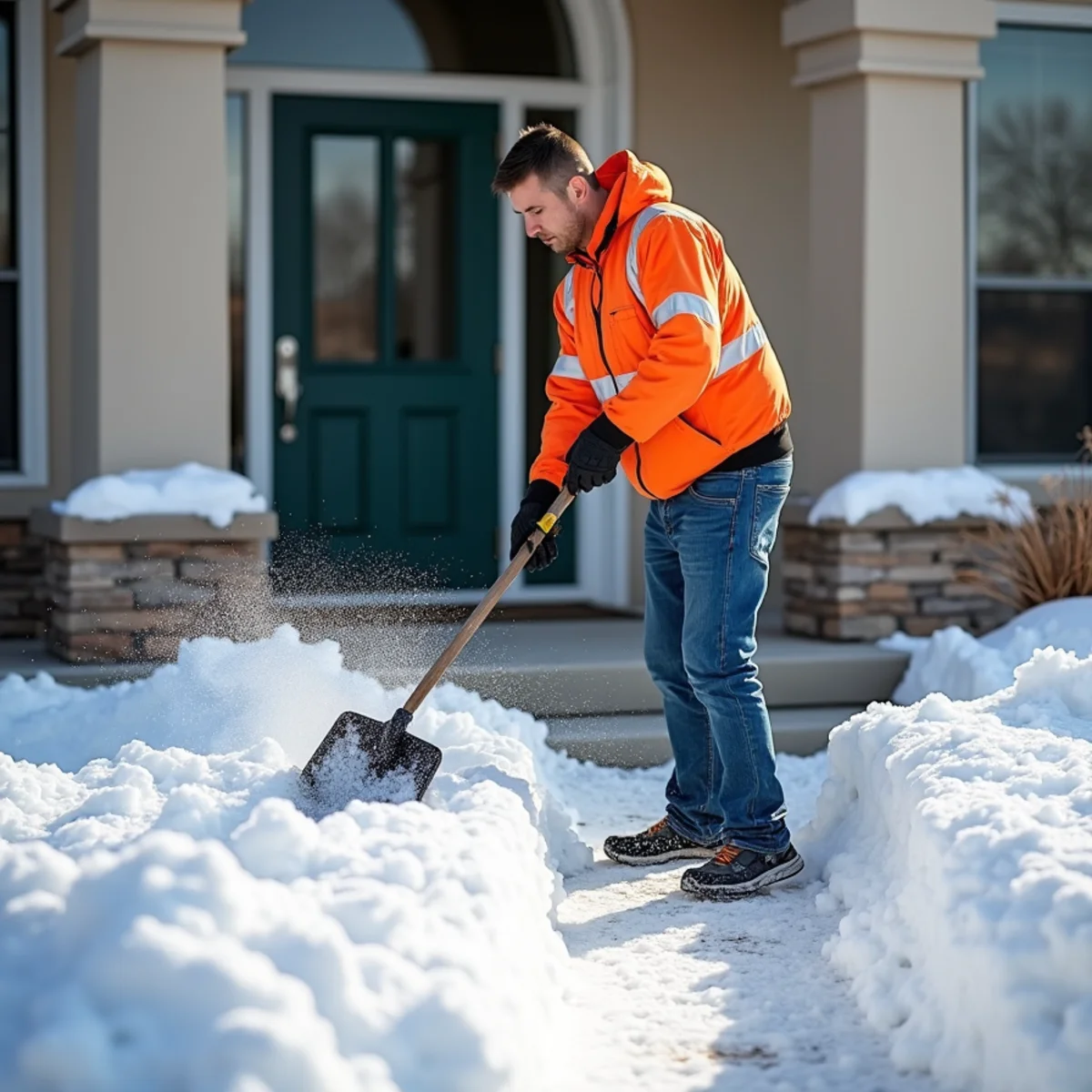 Snow shovel clearing commercial handicap entryway and doorway steps after Wichita snowstorm