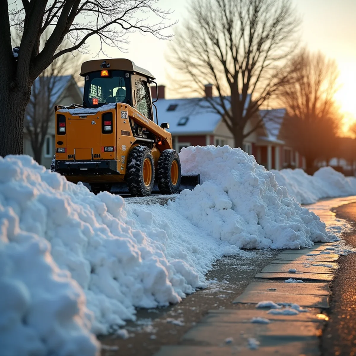Clean snow pile stacked down-slope away from pedestrian walkway to avoid refreezing black ice