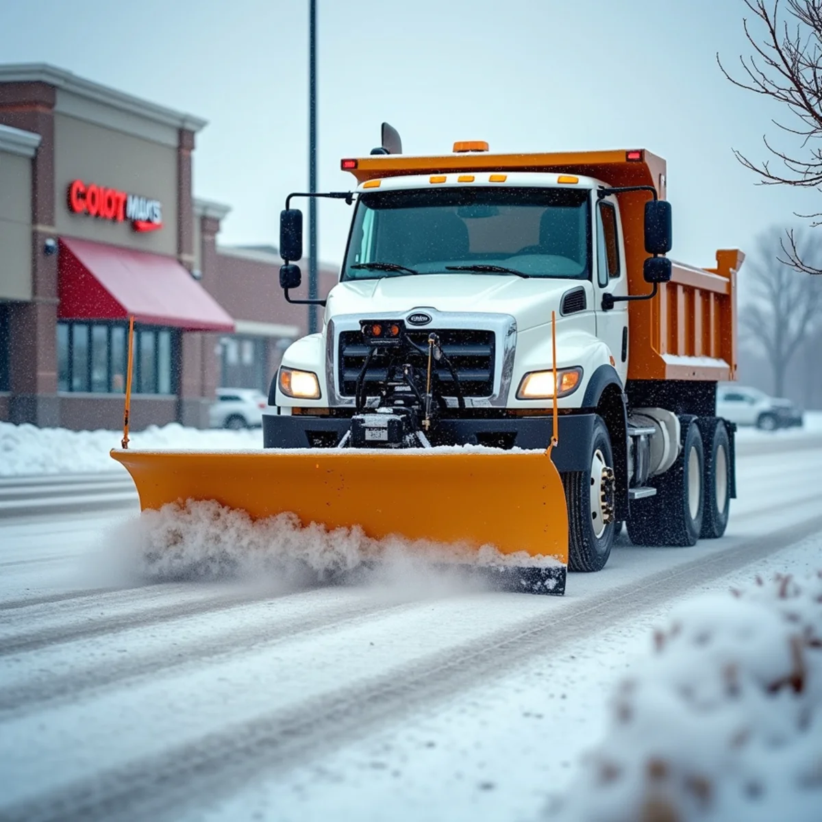 Commercial plow truck clearing snow from retail parking lot in Wichita KS