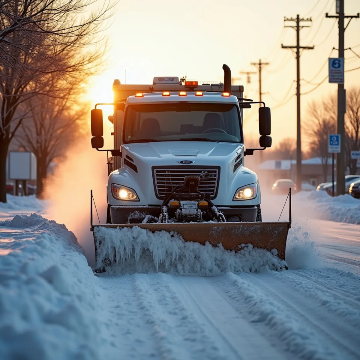 Commercial snow plow clearing parking lot and sidewalks in Wichita after ice storm